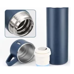 Set termos din inox cu 3 cesti 500ml sticla termoizolanta pentru bauturi fierbinti si reci ALBASTRU