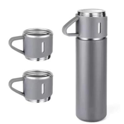 Set termos din inox cu 3 cesti 500ml sticla termoizolanta pentru bauturi fierbinti si reci GRI