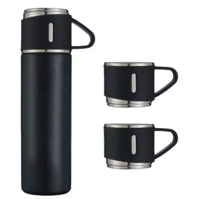 Set termos din inox cu 3 cesti 500ml sticla termoizolanta pentru bauturi fierbinti si reci NEGRU