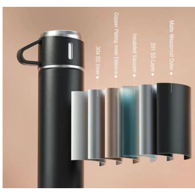 Set termos din inox cu 3 cesti 500ml sticla termoizolanta pentru bauturi fierbinti si reci NEGRU