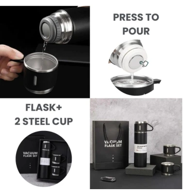 Set termos din inox cu 3 cesti 500ml sticla termoizolanta pentru bauturi fierbinti si reci NEGRU