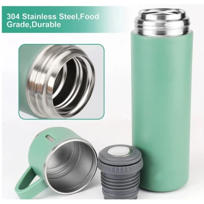 UB Set termos din inox cu 3 cesti 500ml sticla termoizolanta pentru bauturi fierbinti si reci VERDE