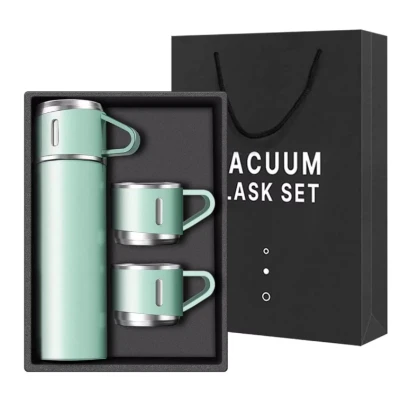 UB Set termos din inox cu 3 cesti 500ml sticla termoizolanta pentru bauturi fierbinti si reci VERDE