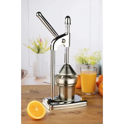 Storcator manual pentru fructe tip presa din inox cu recipient si strecuratoare inclusa argintiu