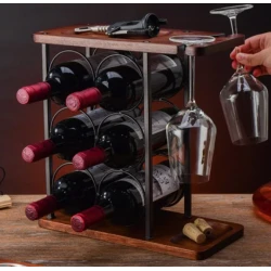 Suport din lemn organizator pentru 6 sticle de vin si 2 pahare