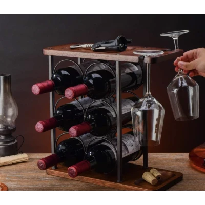 Suport pentru 6 sticle vin si 2 pahare din otel si lemn