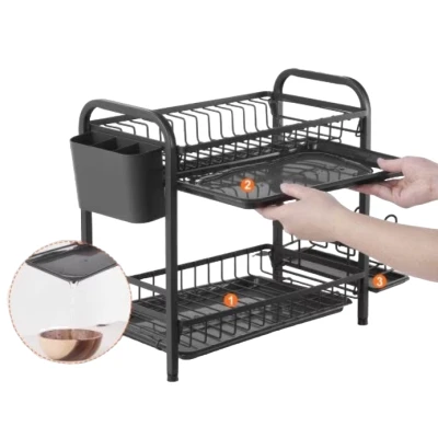 Suport pentru uscat vase 2 nivele si placuta de scurgere Negru