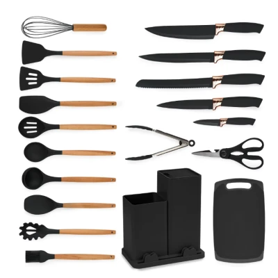 UB Set de 19 piese NEGRE ustensile de bucatarie cu tocator si suport depozitare inclus NEGRE