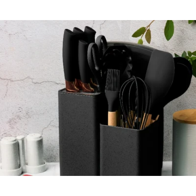 UB Set de 19 piese NEGRE ustensile de bucatarie cu tocator si suport depozitare inclus NEGRE