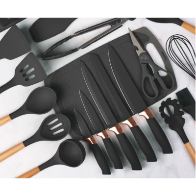 UB Set de 19 piese NEGRE ustensile de bucatarie cu tocator si suport depozitare inclus NEGRE