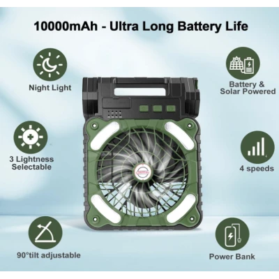 Ventilator de camping cu baterie de 10400Mah solar pentru exterior cu lumina led cu 4 viteze