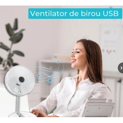 Ventilator portabil de masa cu incarcare prin USB cu 3 Trepte de viteza Alb