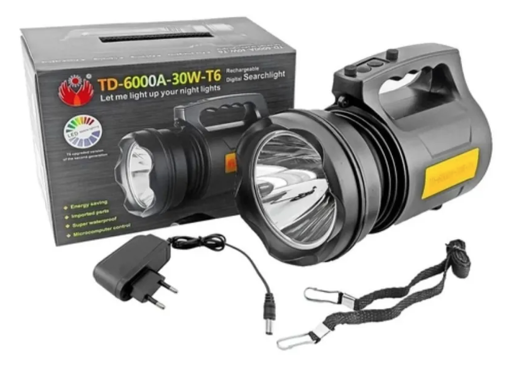 Lanterna Profesionala cu LED TD 6000A T6 de 30 W Acumulator Integrat Negru