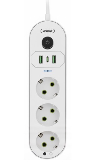 Prelungitor cu 3 prize USB intrerupator si protectie la supratensiune 2 m Andowl Q PX360