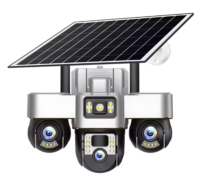 Camera de supraveghere tripla cu panou solar SIM 4G 18MP Full HD 3 zone supravegheate simultan Vedere nocturna