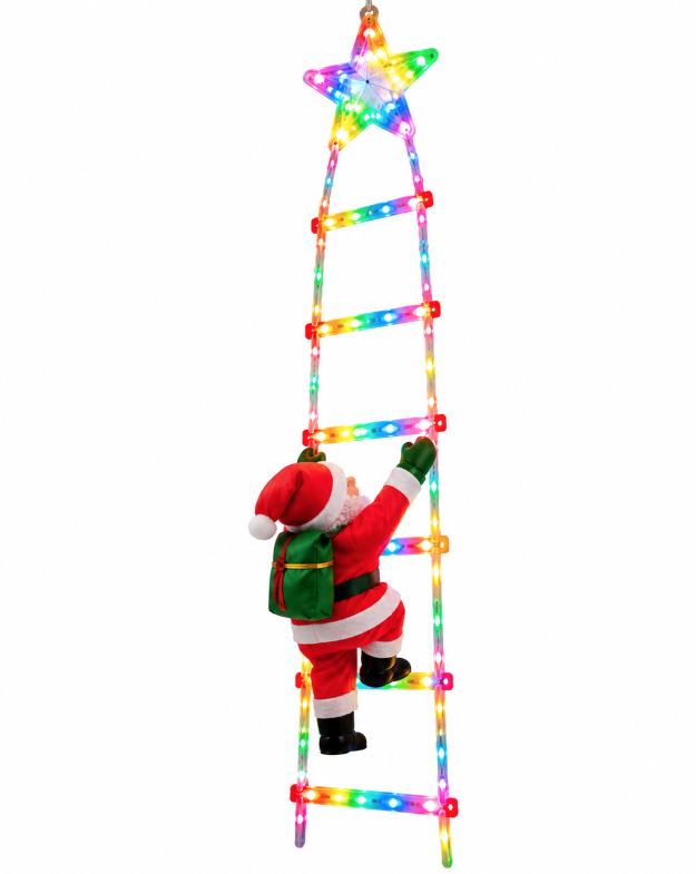 Decoratiune Scara Luminoasa de Craciun cu Mos Craciun si Steluta LED Multicolora 1.5 m 6 Trepte
