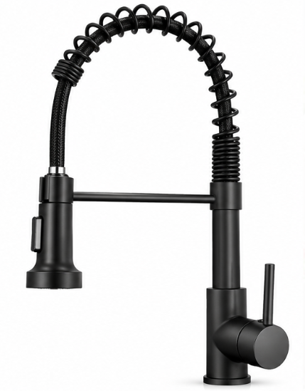 Baterie chiuveta bucatarie neagra cu pipa flexibila tip arc cap extensibil si functie dubla 46cm