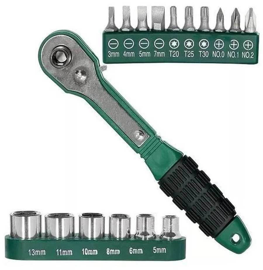 Cheie  8 piese tip clichet  maner VERDE  (10 biti si 6 tubulare 1/4 ) multifunctionala